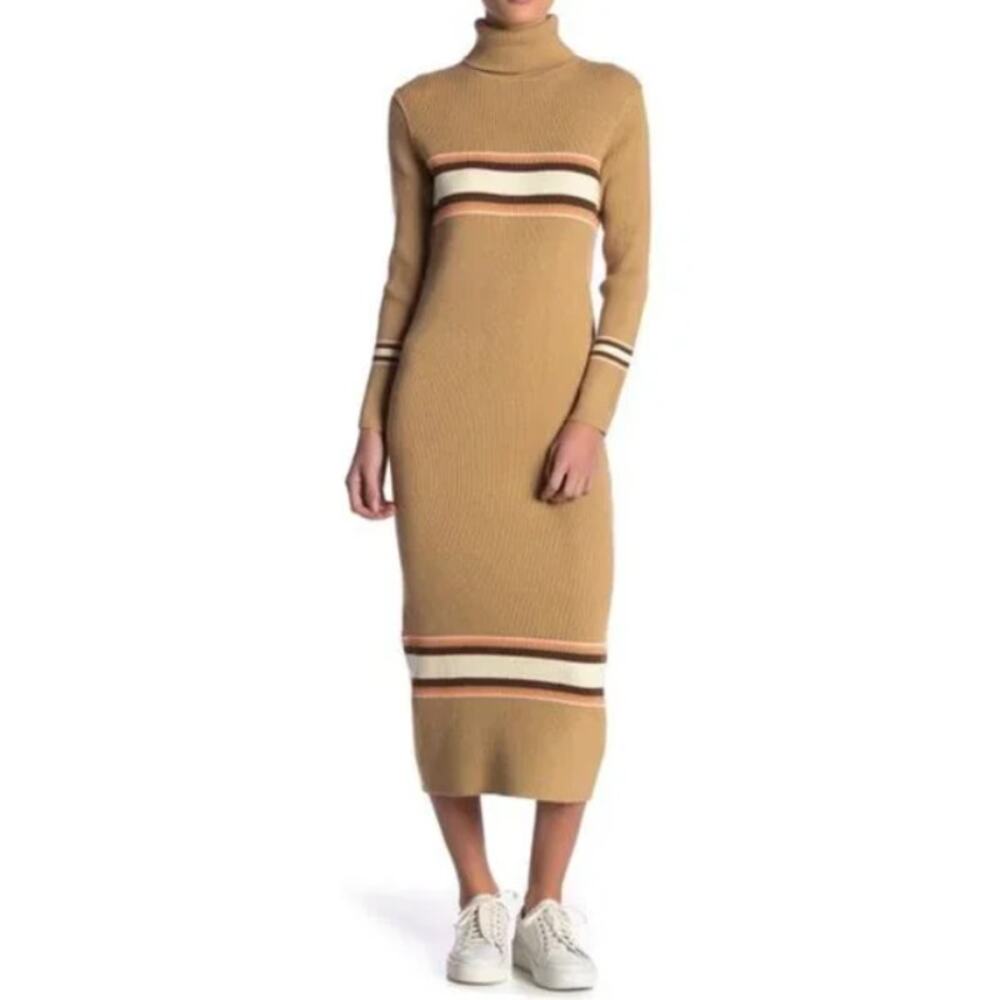 Free People Tan Brown Long Sleeve Sport Stripe Sweater Dress Midi Ribbed size XS